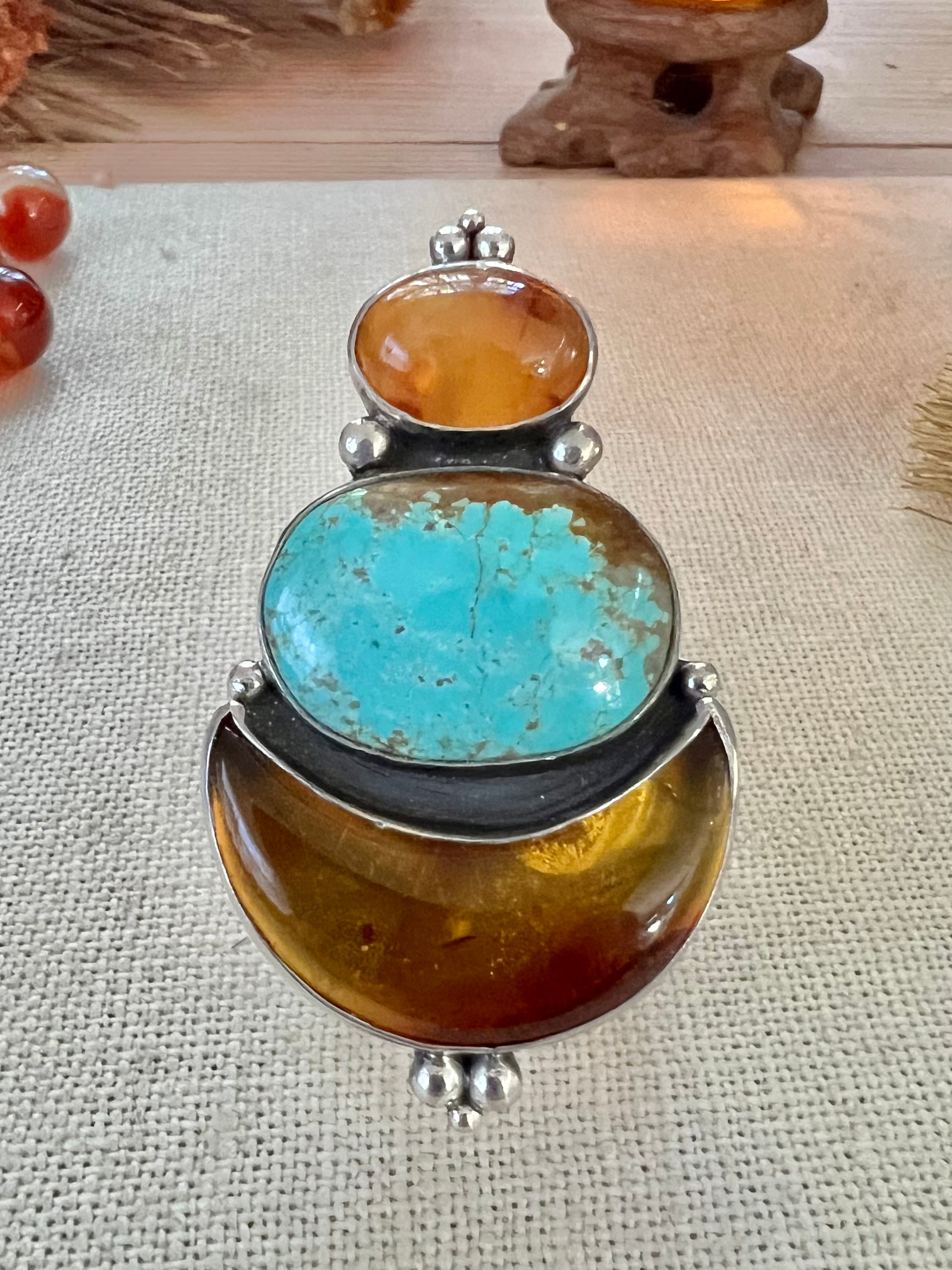 Amber, Turquoise, Carnelian Ring, Adjustable