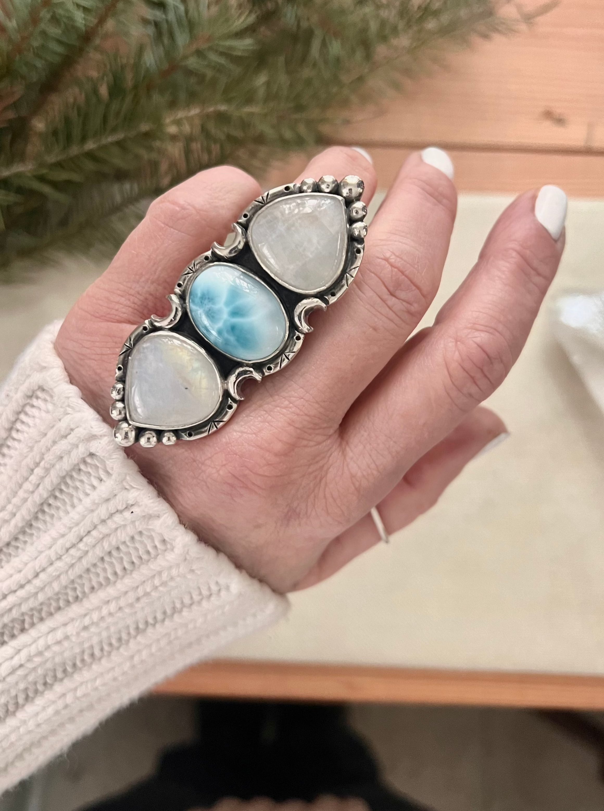 XL Rainbow Moonstone Ring, 7-9 Adjustable Band. Email me