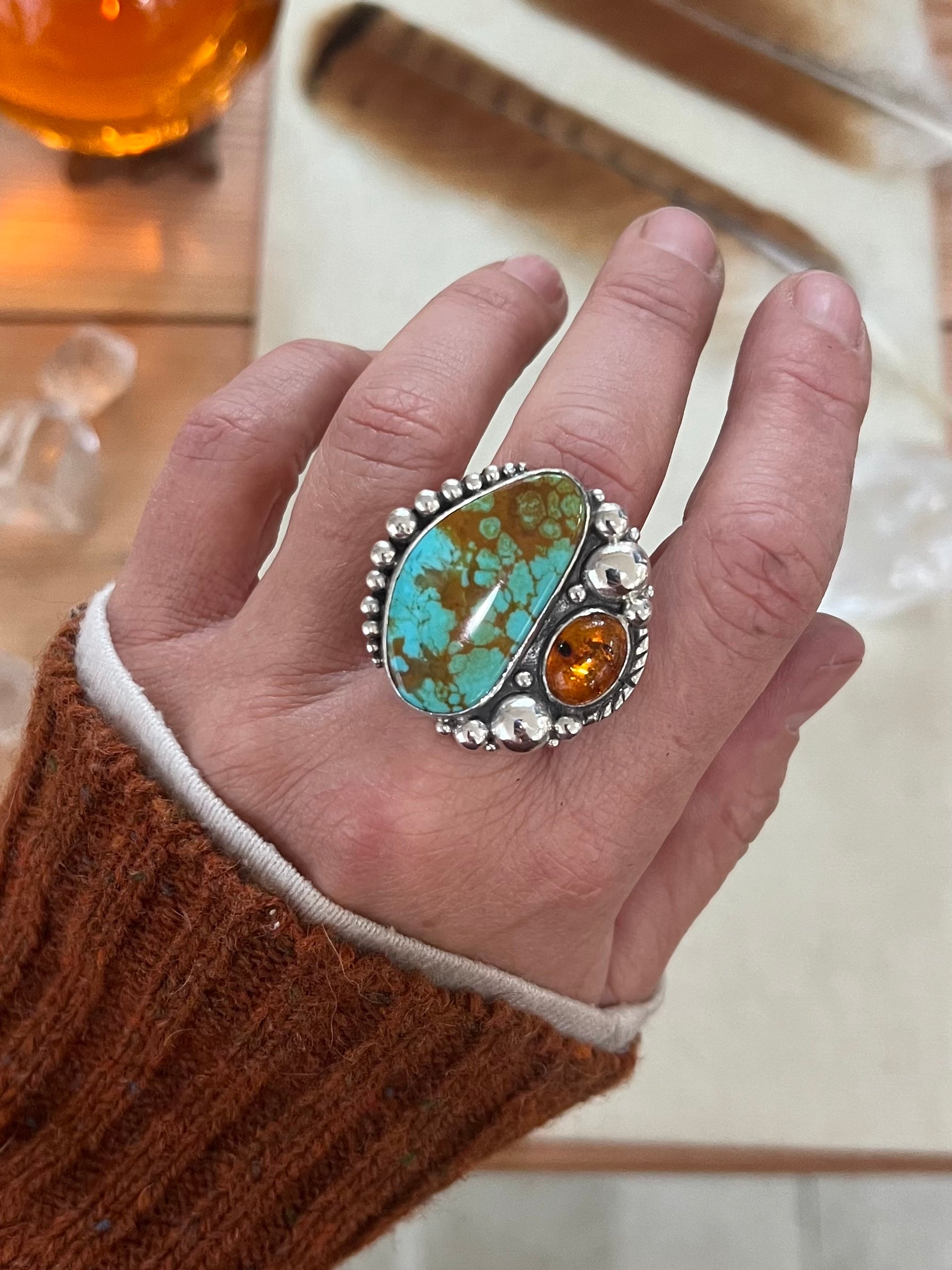 Amber & Turquoise Adjustable Ring
