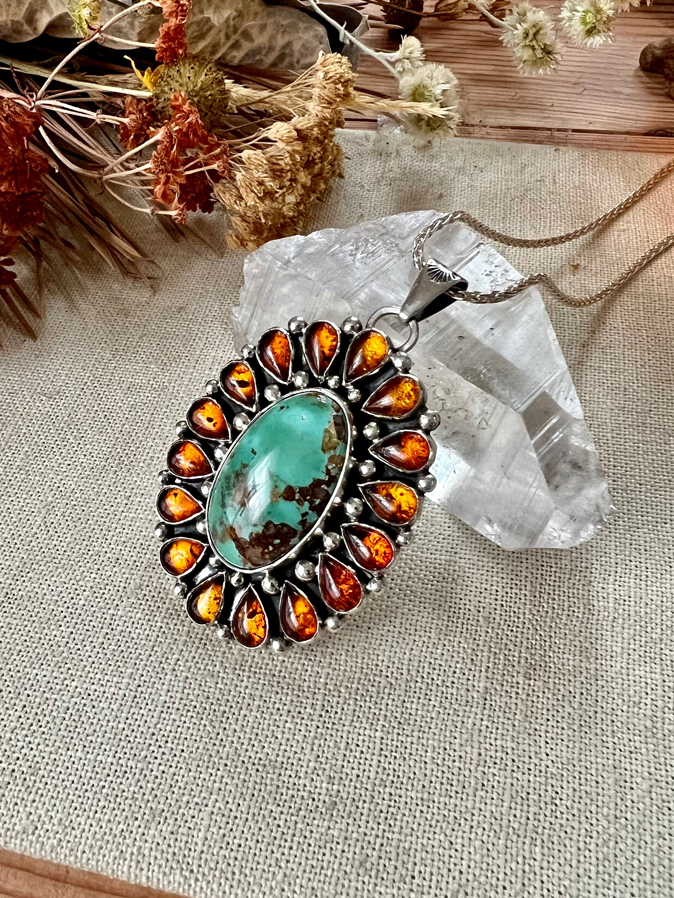Baltic Amber & Royston Turquoise Pendant on 30" Chain