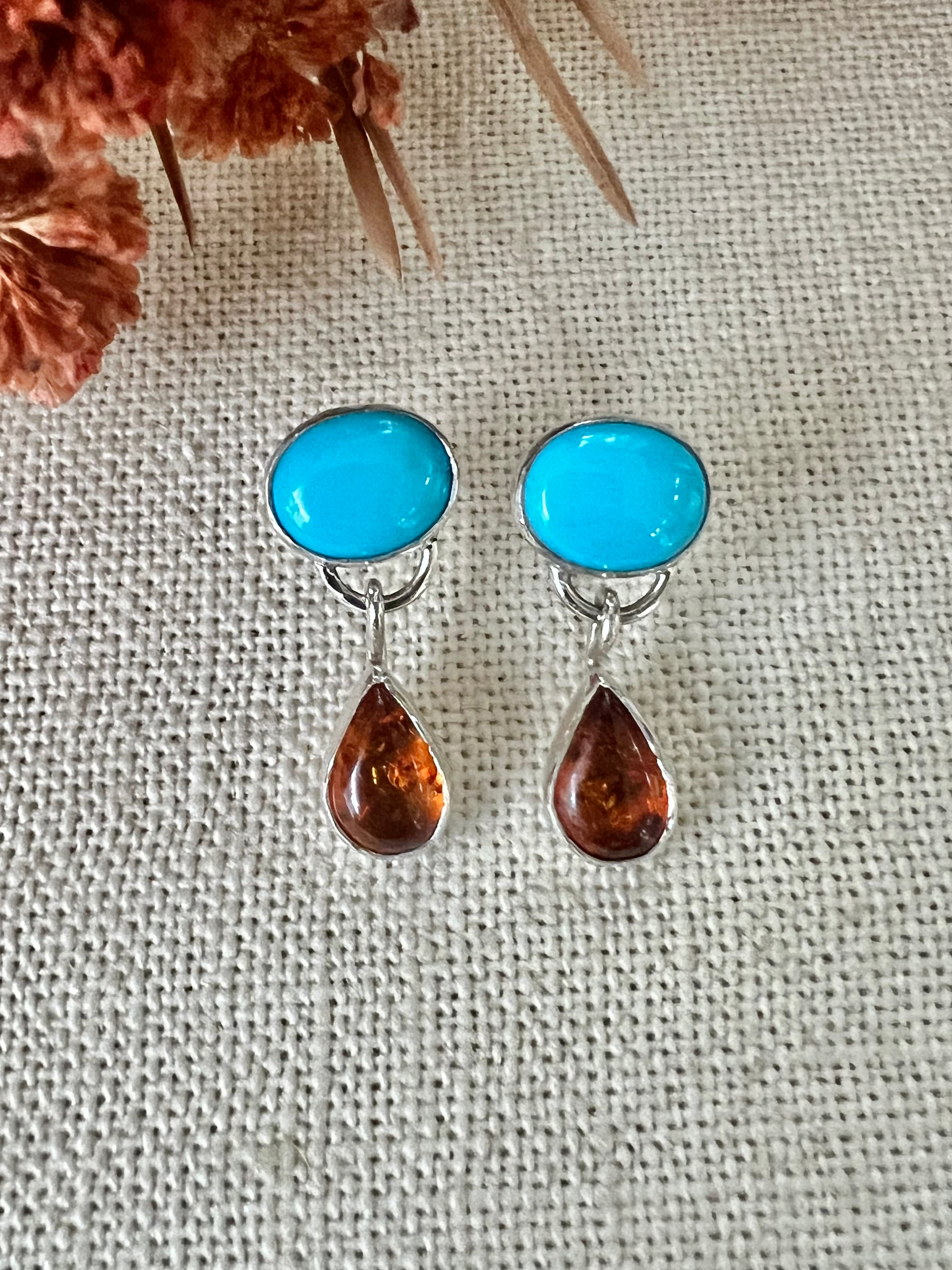 Bluebird Turquoise & Baltic Amber Earrings