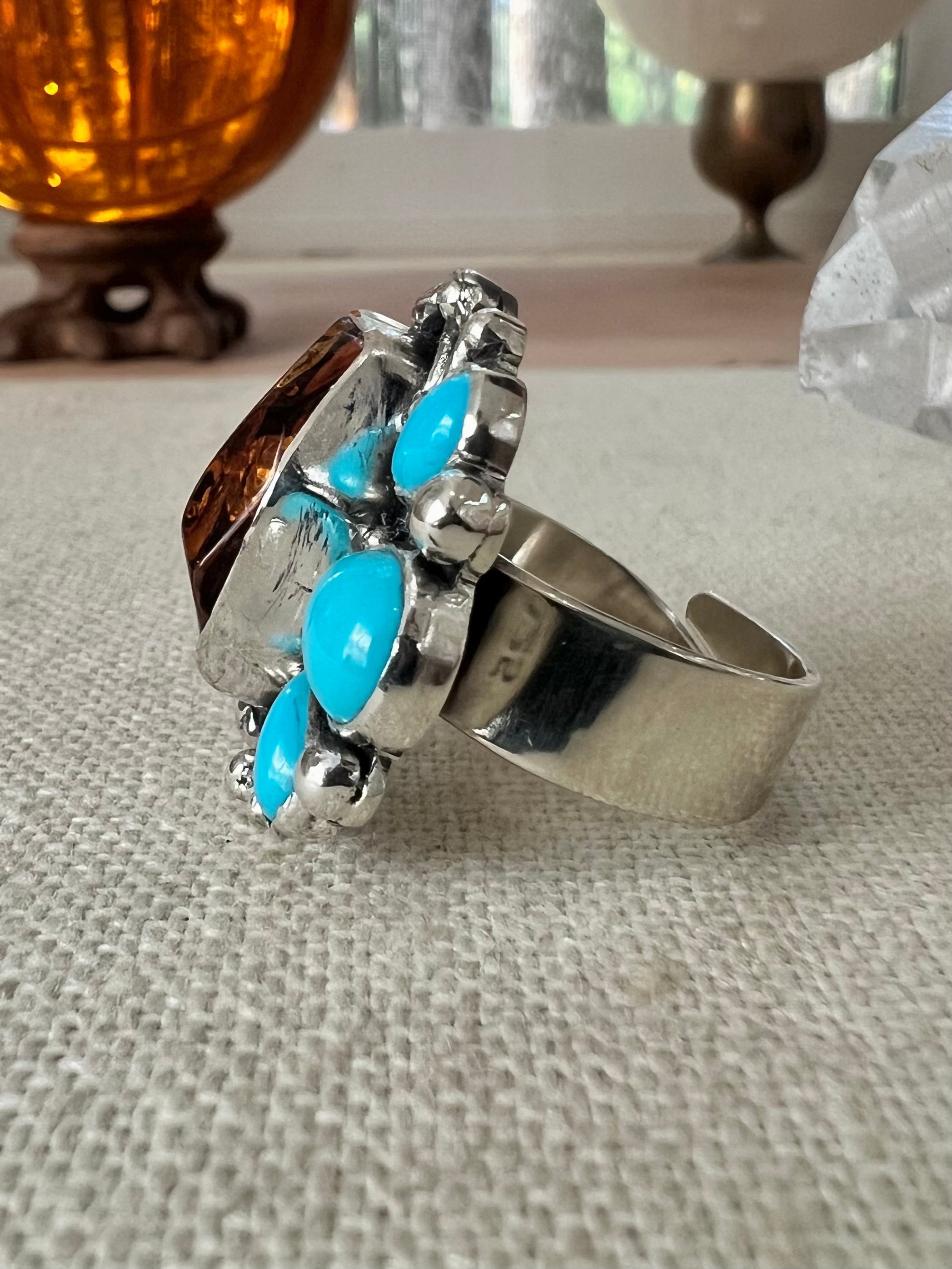 Amber & Turquoise Adjustable Ring