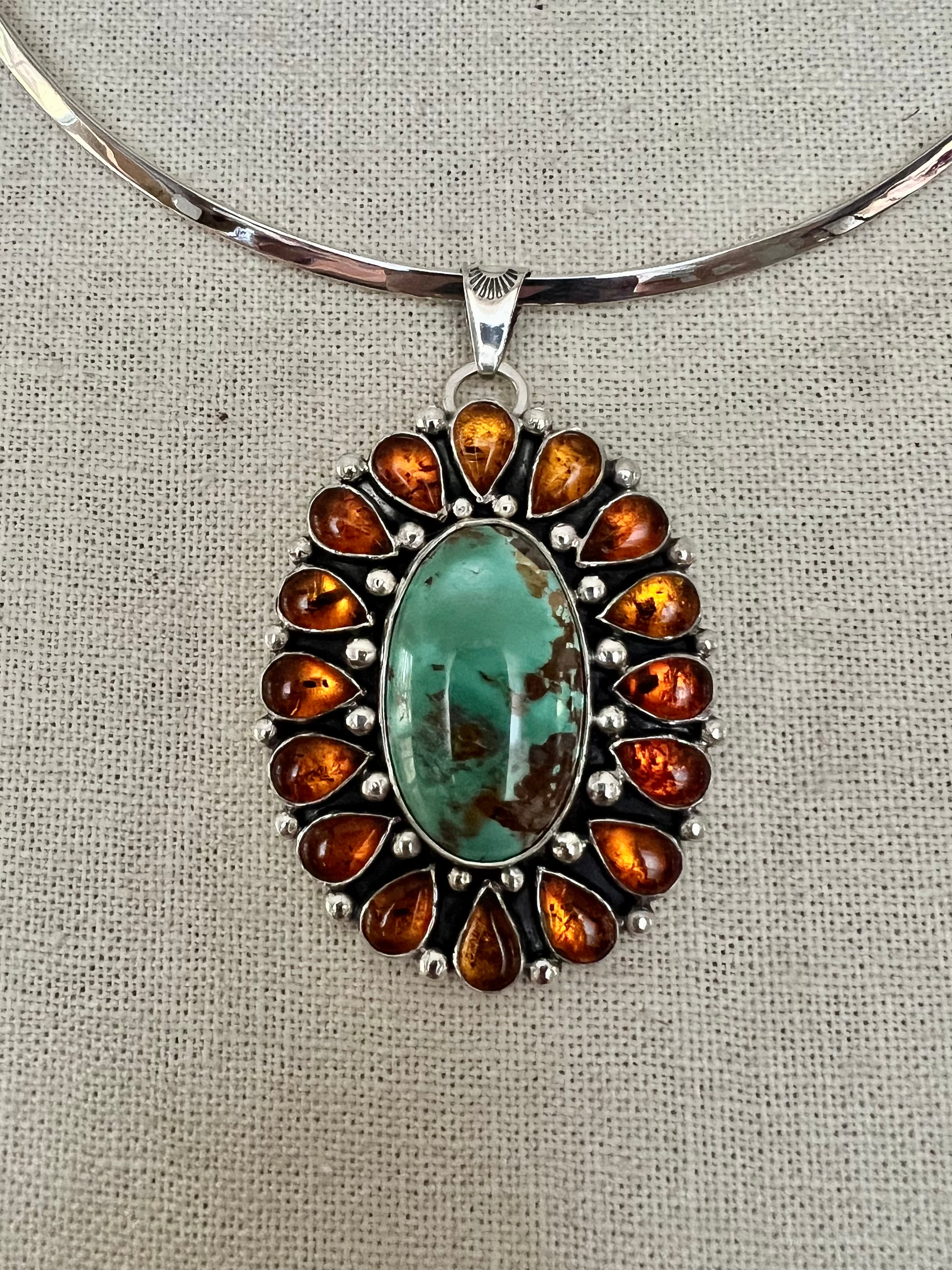 Baltic Amber & Royston Turquoise Pendant on 30" Chain